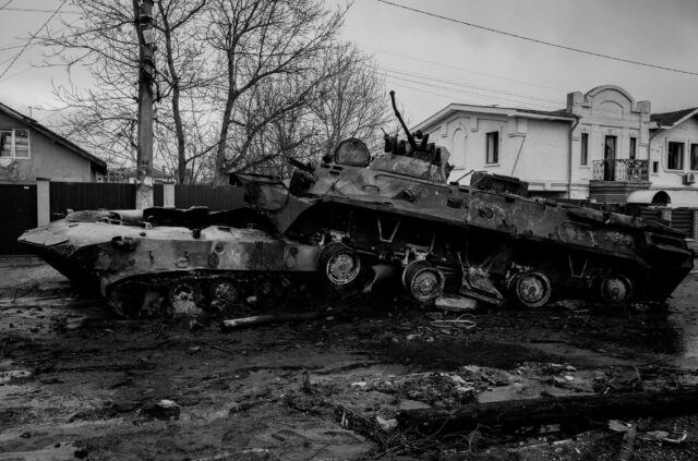 Bucha Ukraine 03/04/2022 - The hardest fight to liberate the city happenned here the night before. The tremendous dammage from the battle that involved tanks of oposing forces fighting face to face in a direct no way out confrontation was unreal. The devastating extremely high level of violence was obvious in this scenario