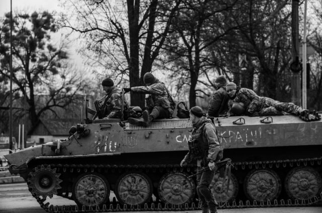 Chernihiv Ukraine 06/04/2022 - Soldiers returning from the last operations after liberating the city from the invaders.