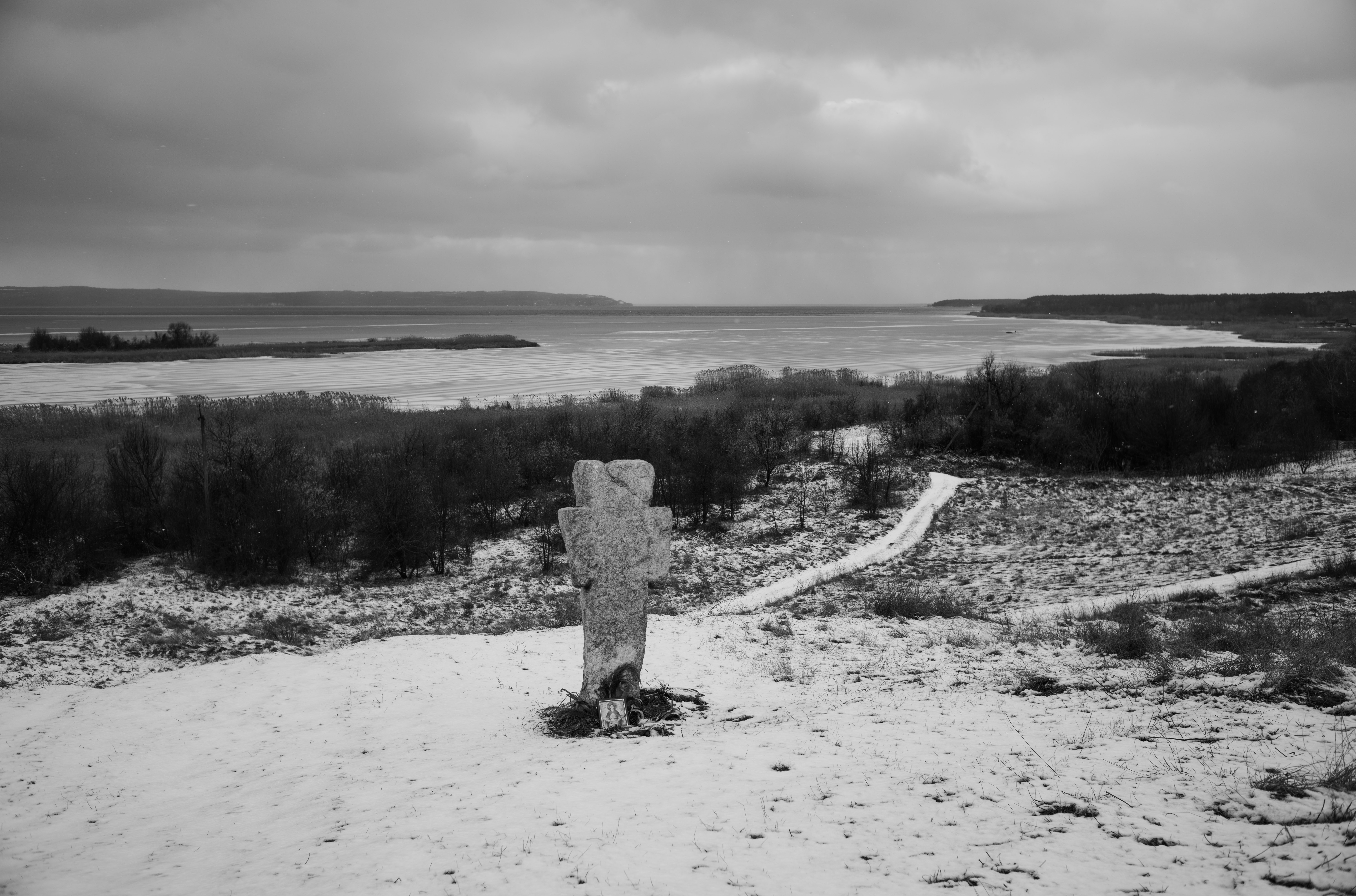 Tsybli, Ukraine - 600-year-old Cossack cross overlooking the Dniper river nearby the palliative clinic.
